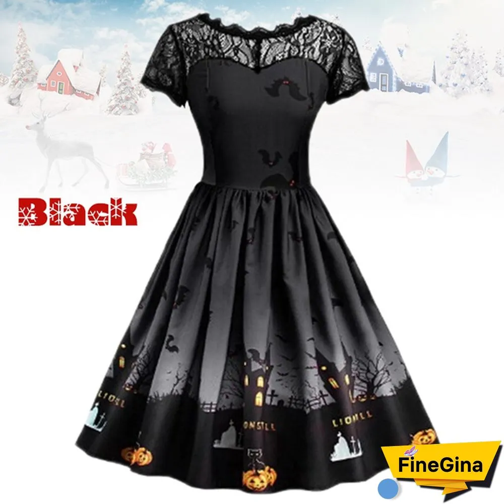 Plus Size Fashion Women Pumpkin Snowflake Print Dress Short Sleeve Lace Dress Christmas Halloween Costume Knee Length Party Dresses