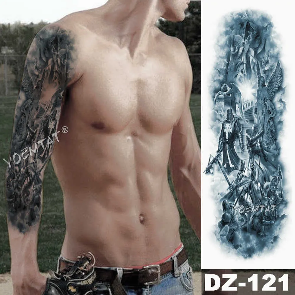 Large Arm Sleeve Tattoo Sketch Lion Tiger Waterproof Temporary Tattoo Sticker Crow Warrior Soldier Men Full Skull Totem Tattoo