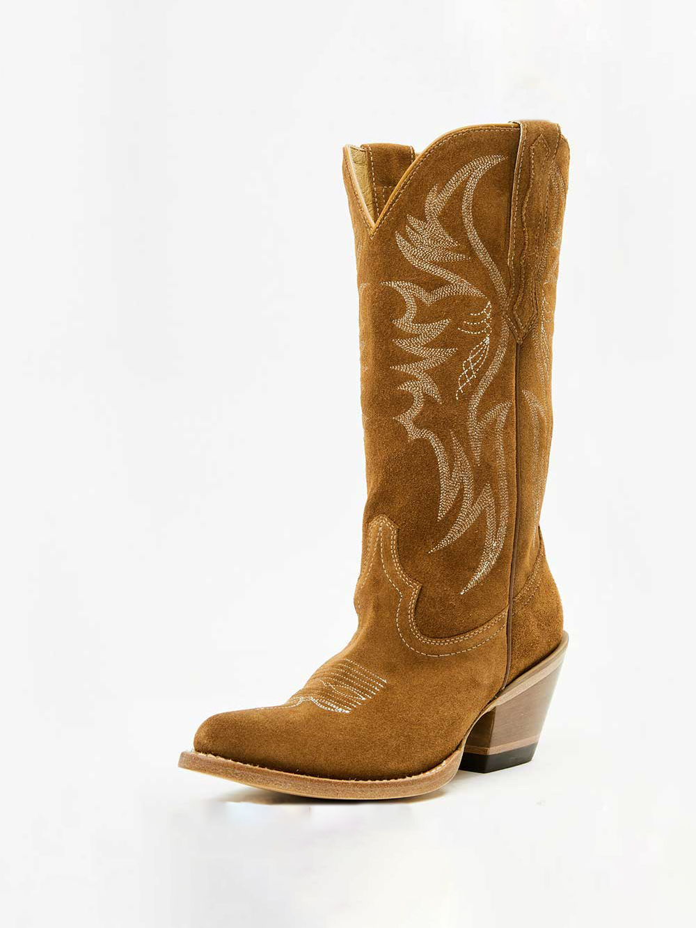 Brown Faux Suede Pointed Embroidered Wide Calf Cowgirl Boots With Chunky Heels