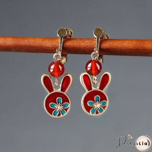 Red earrings antique rabbit earrings with cheongsam retro sterling silver ethnic earrings