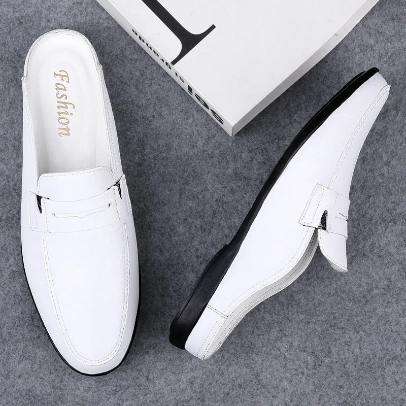 Summer New Men's Shoes Casual Half Shoes For Men Brand Loafers Leather Half Slipper Breathable Slip on Lazy Driving Shoes Men