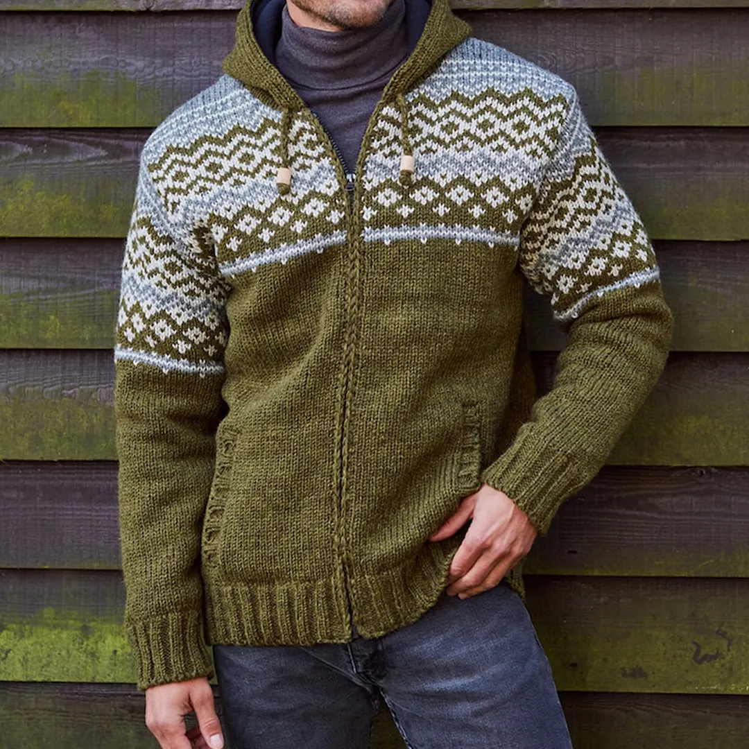 Mens Vintage Fair Isle Knitted Hooded Cardigan