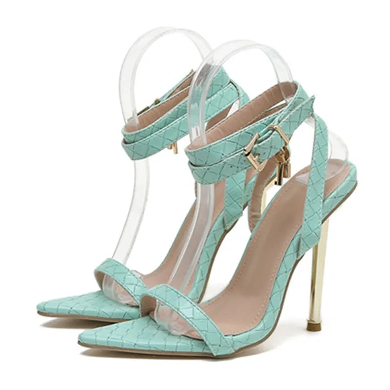 Summer 2022 Womens Fashion Pointed Toe Metal Thin High Heels Sexy Sandals Gladiator Ankle Buckle Strap Stiletto Shoes Black Blue