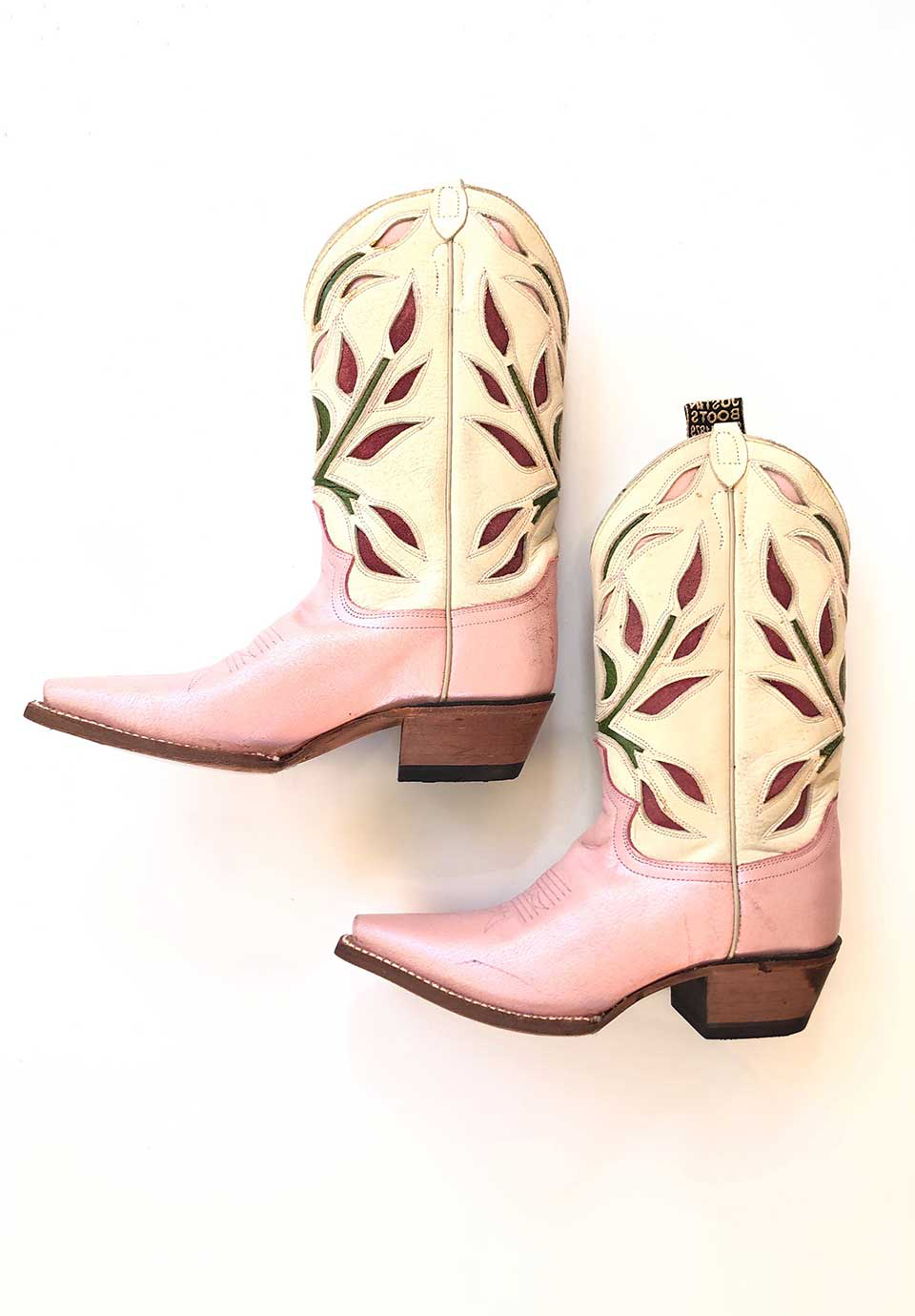 Pink & Beige Floral Cut-Out Snip Toe Heeled Mid-Calf Cowgirl Boots