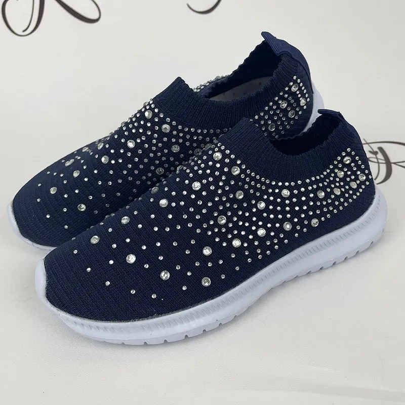Shining Crystal Flats Shoes For Women Plus Size Breathable Mesh White Sneakers Woman 2022 Spring Summer Soft Sole Sports Shoes