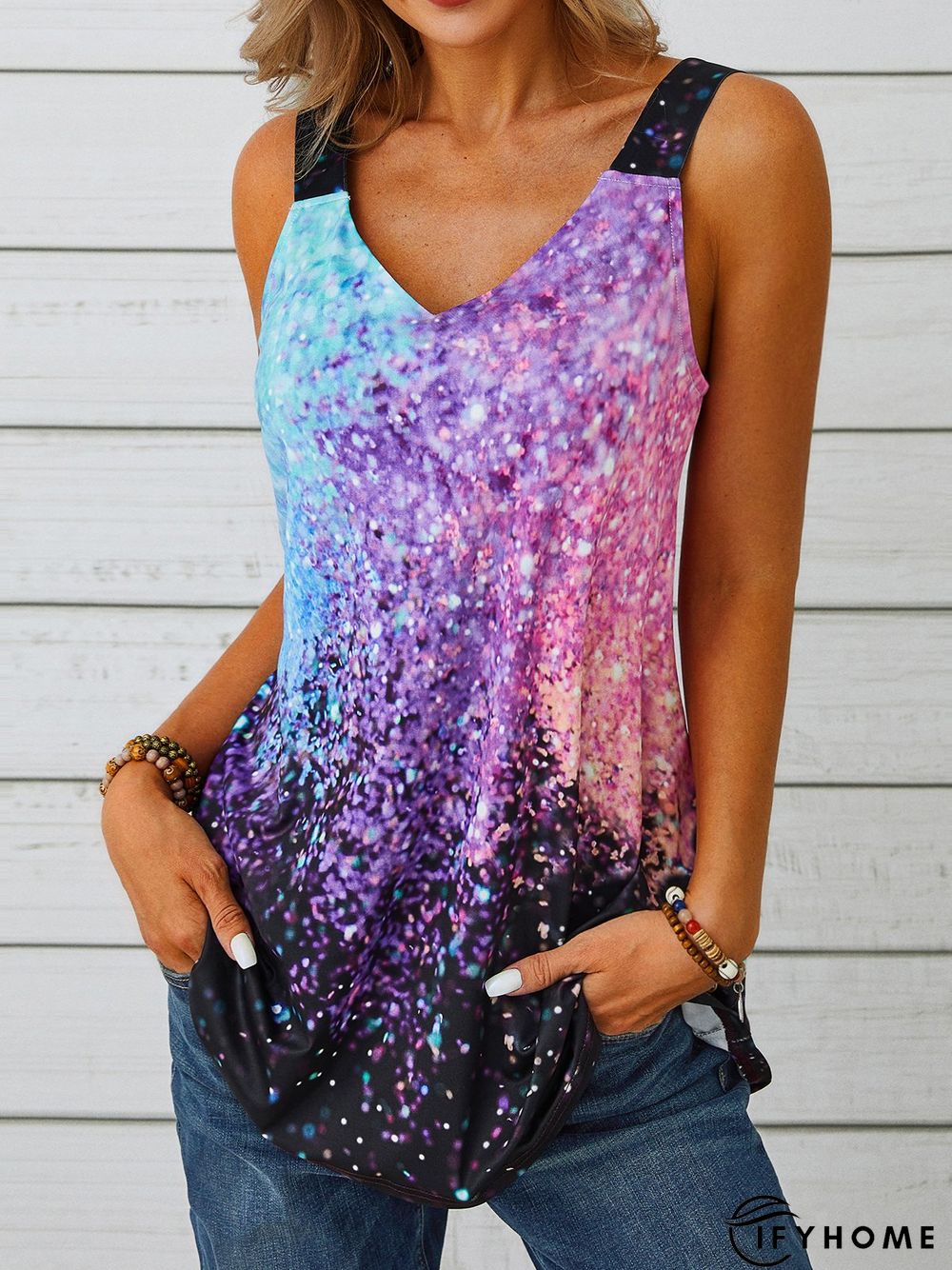 Casual Ombre Printed Loosen Spaghetti Tunic Knit Tank | IFYHOME