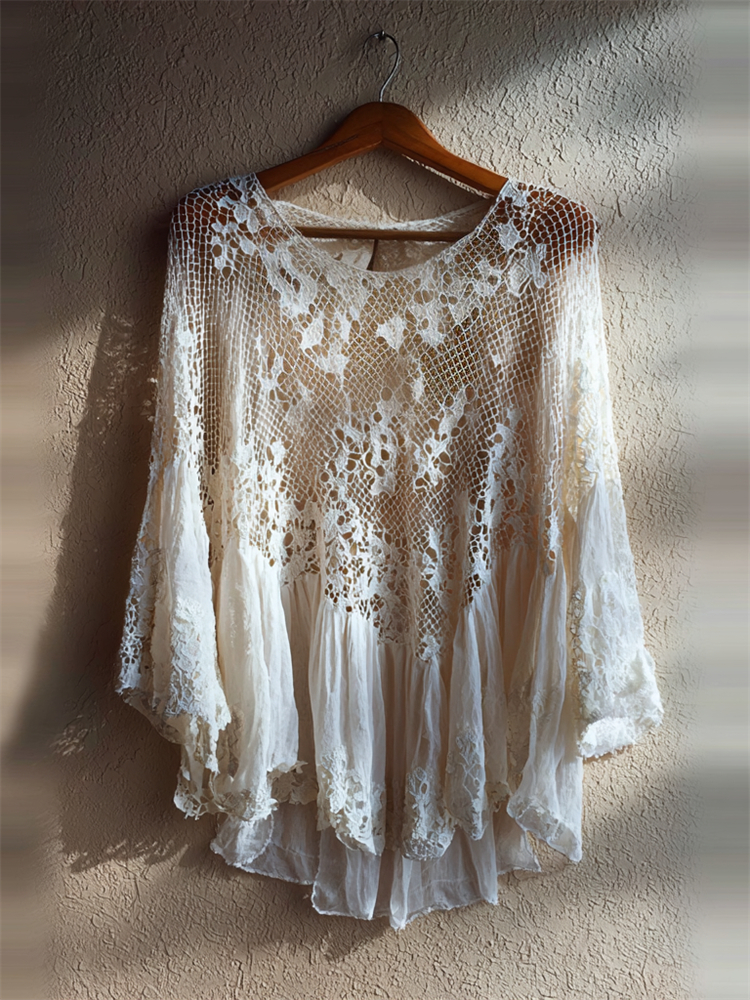 Boho Floral Hollow Lace Patchwork Flowy Tunic elevenforest