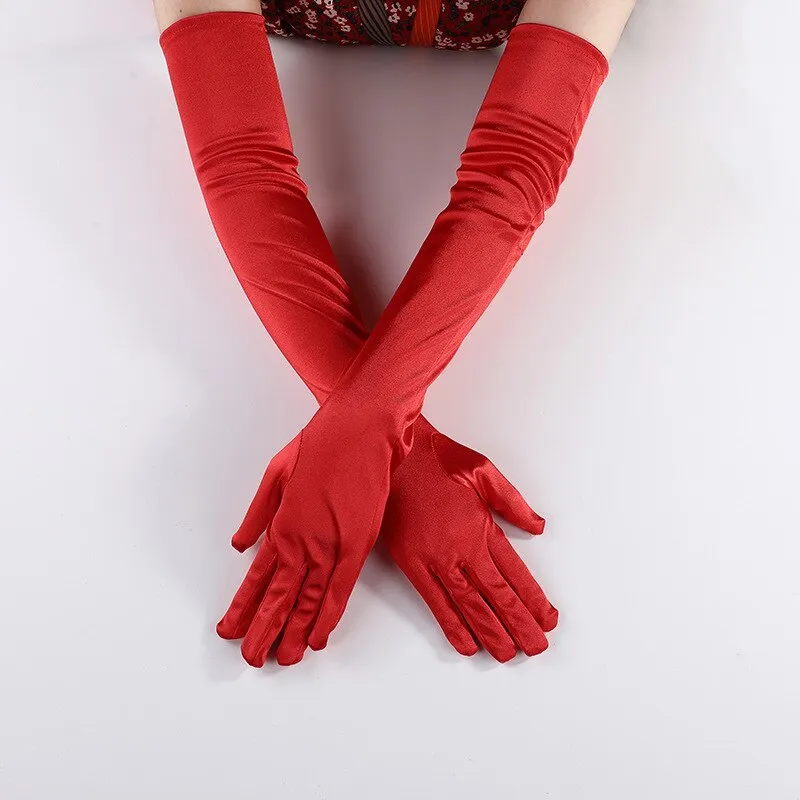 Billionm OJBK Women Classic Satin Finger Long Gloves Opera/Elbow/Wrist Stretch Gloves Halloween Cosplay Solid Color Party Arm Warmer 2022