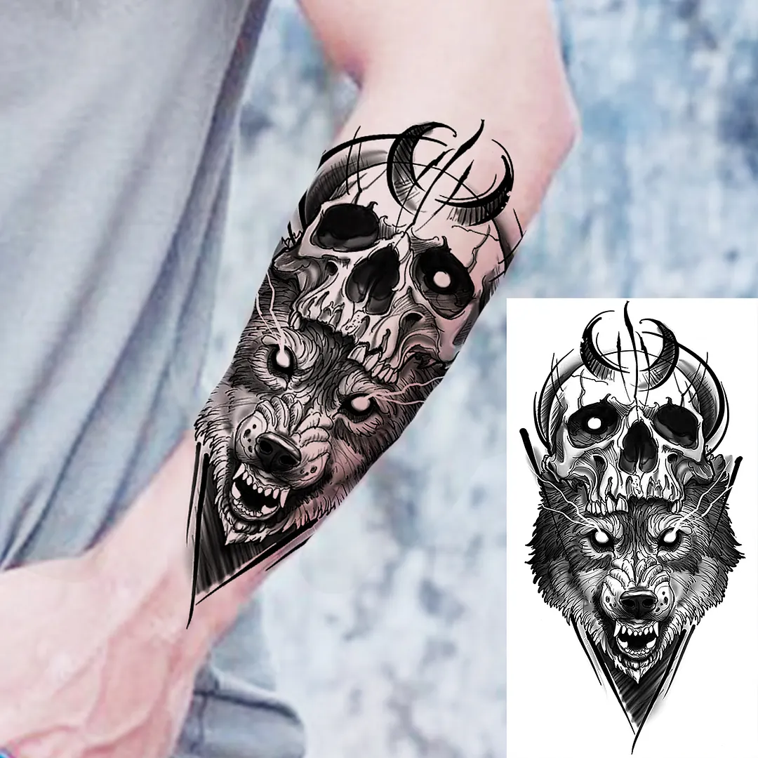 Sdrawing Skull Halloween Skeleton Temporary Tattoo For Men Adults Realistic Lion Tiger Wolf Scary Fake Tattoo Sticker Forearm Tatoo