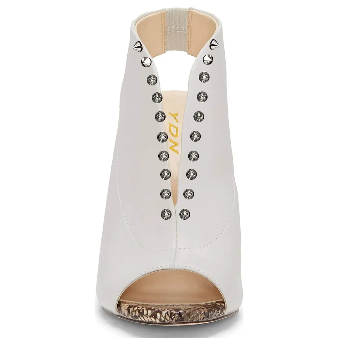 Ivory Vegan Leather Peep Toe Python Insole Studded High Heels Sandals