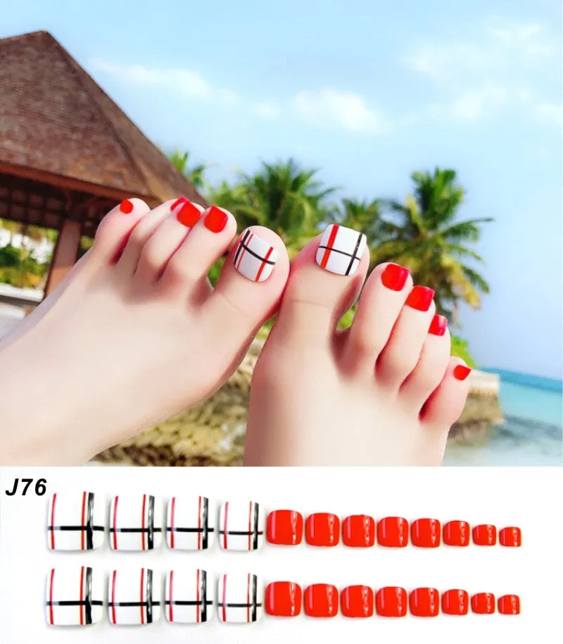 24Pcs Pretty Summer Beach Toes False Nails Rhinestone Pre-design Full Cover Red Foot Artificial Fake Nails with Glue Nail Beauty-Nail Inspo