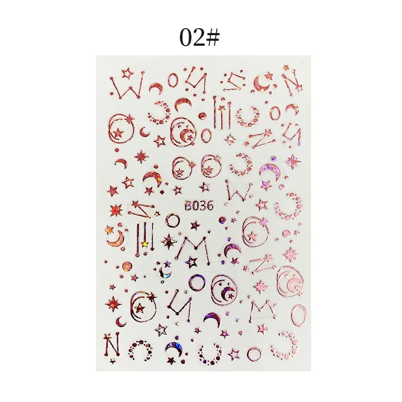 English Letter Design 3D Nail Stickers Iridescent Geometrics Gold Stars Moon Transfer Nail Art Sliders Decoration Accessories