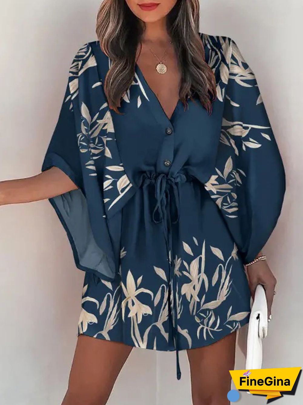 Summer Women's Fashion Holiday Dress Casual Print Flying Sleeve V-Neck Drawstring Mini Loose Dresses For Women Streetwear