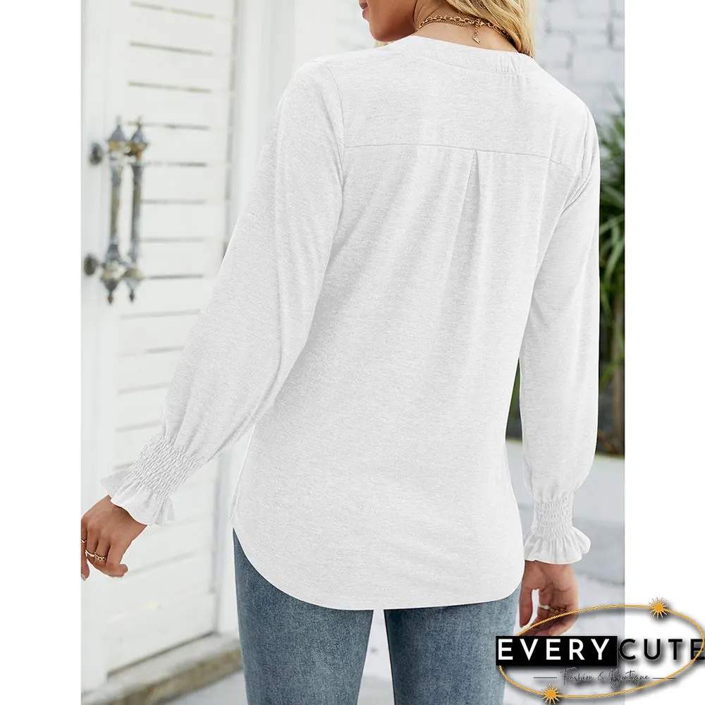 White V-neckline Ruffle Long Sleeve Tops