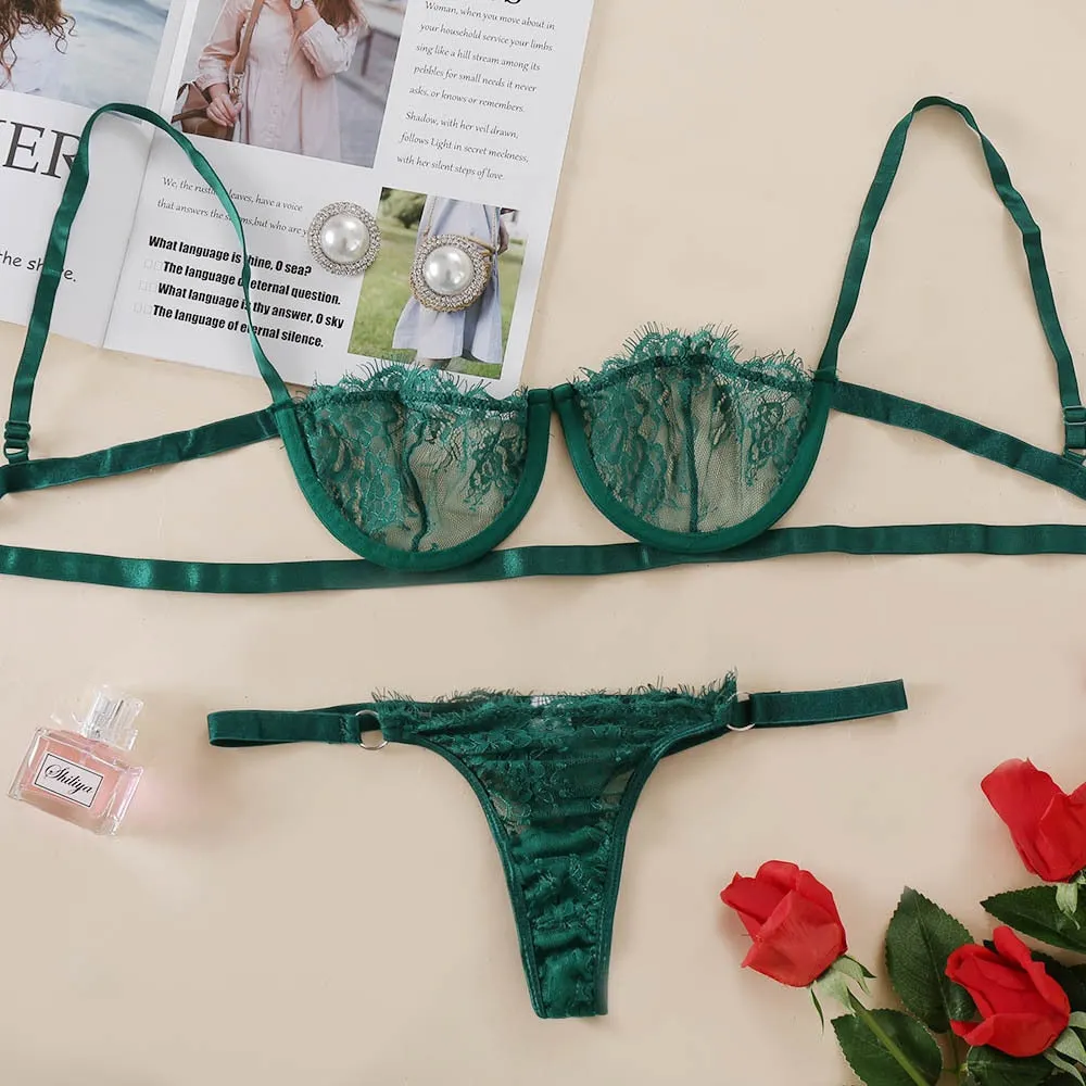 Ellolace Sexy Women's Underwear Lingerie Transparent Bra Low Cup Lace Underwear Set Lenceria Sexy Lingerie Set Bra And Panty Set 514-1