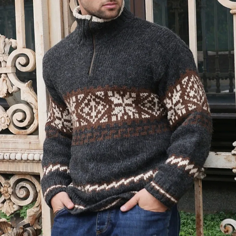 Vintage Geometrical Knitted Jacquard Iceland Half-Zip Neck Sweater