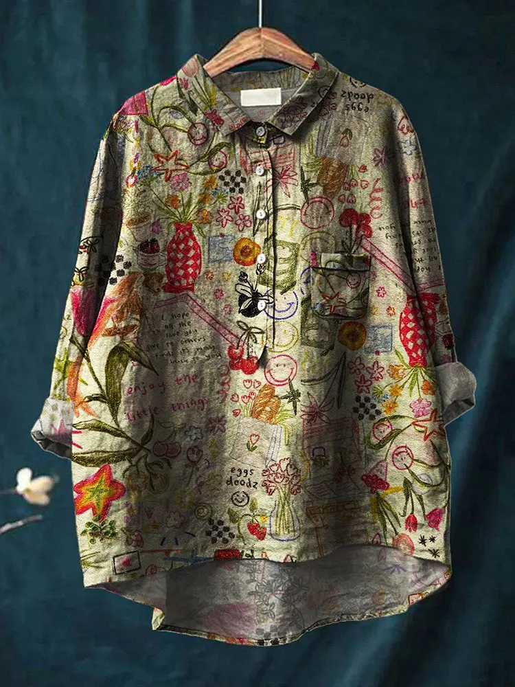 Womens Vintage Vase Art Print Casual Cotton And Linen Shirt