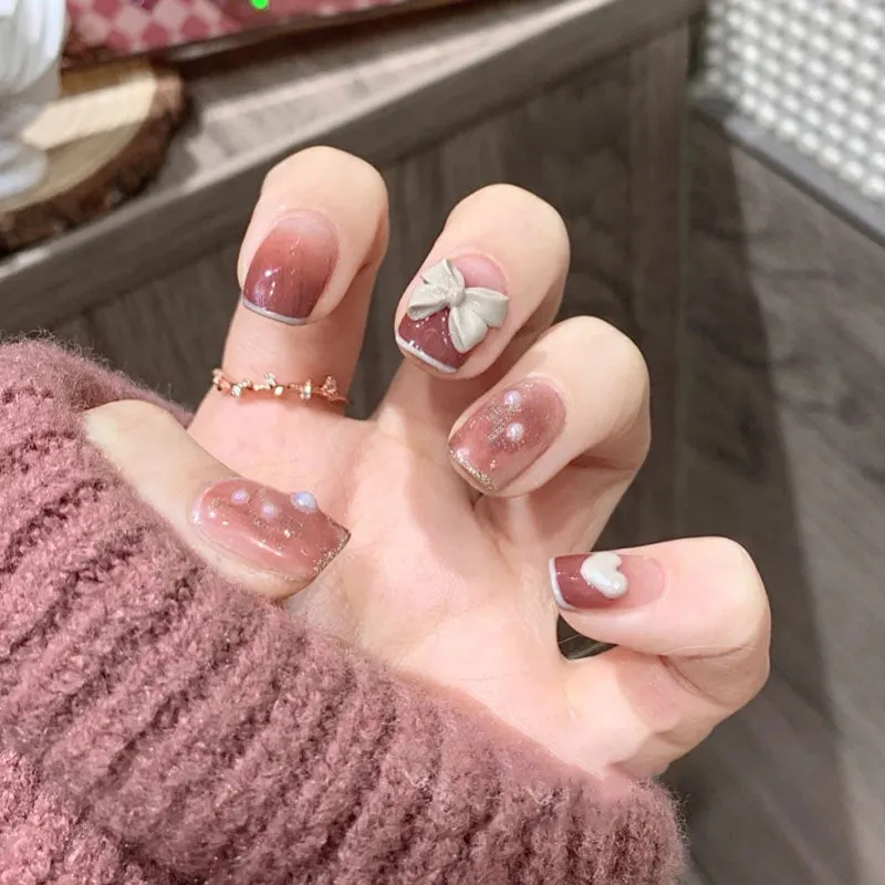 24Pcs false nails with designs cow and Blue Color cut design Fake Nail Shiny Gold Foil  artificial nails with glue for girls-Nail Inspo