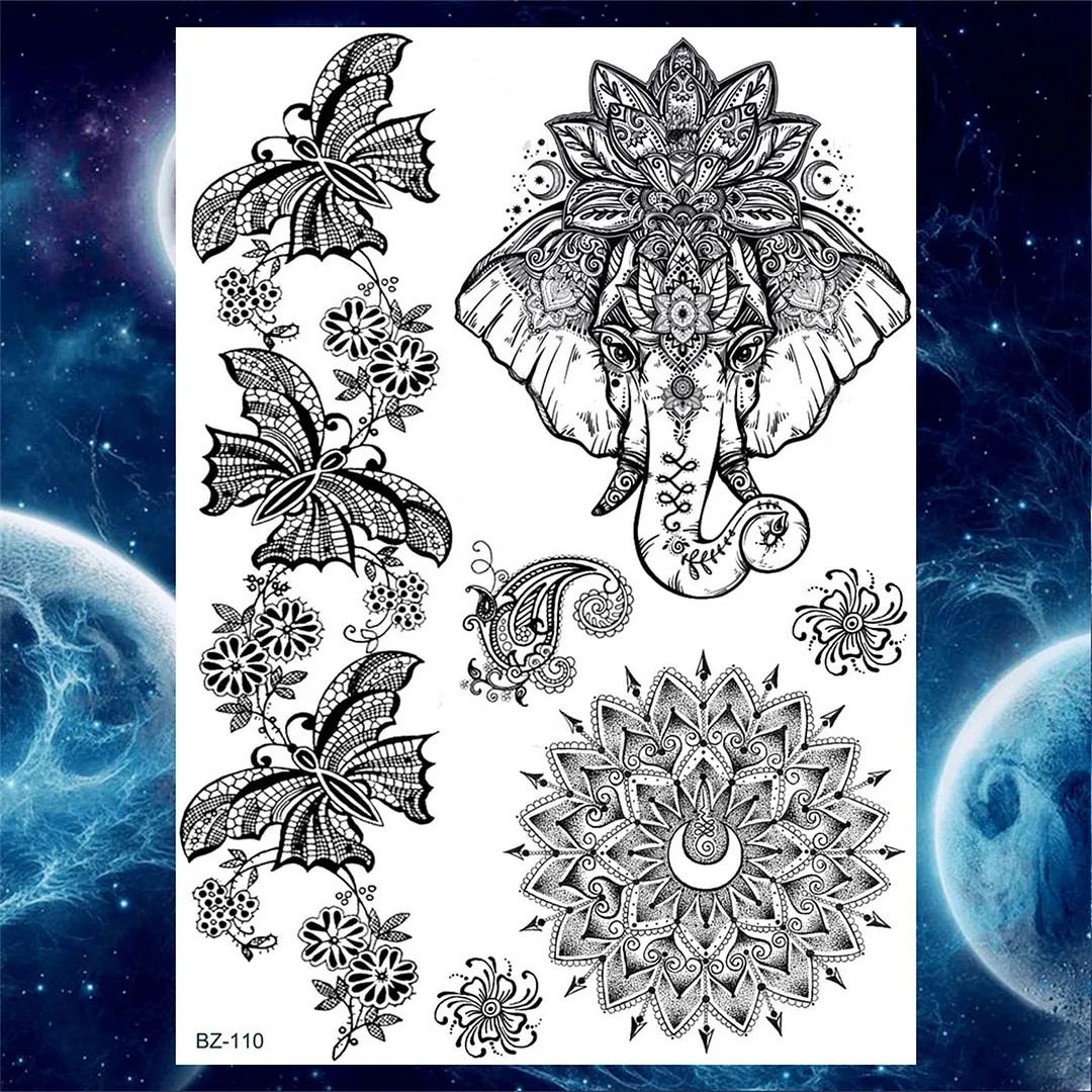 Sexy Black Henna Temporary Tattoos For Women Girls Lotus Flower Lace Tattoo Sticker Fake Jewelry Mandala Body Chest Tatoos Paper