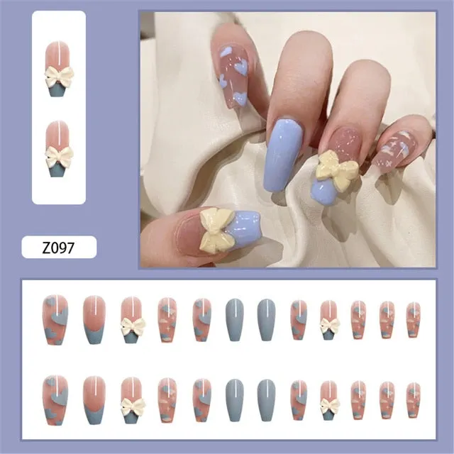 24pcs/box Fake Nails With Glue Yellow Flower Printed Type Short Paragraph Fashion Manicure Press On False Nails Gifts For Girls-Nail Inspo