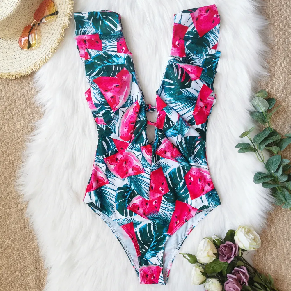 Churchf Printed Flowers Even Lotus Leaf Side Body Swimsuit Women 2025 New Swimsuit Bare Back