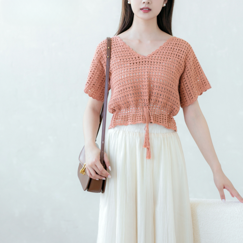 Elegant Waist-Cinching Short Sleeve Linen Crochet DIY Kit - Handmade Lace Yarn Crafting