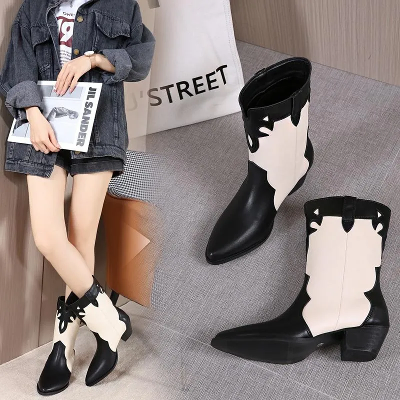2021 New Pointed Western Cowboy Boots Women's Graffiti Design Totem Spring and Autumn Single Boots Women's Fashion Boots