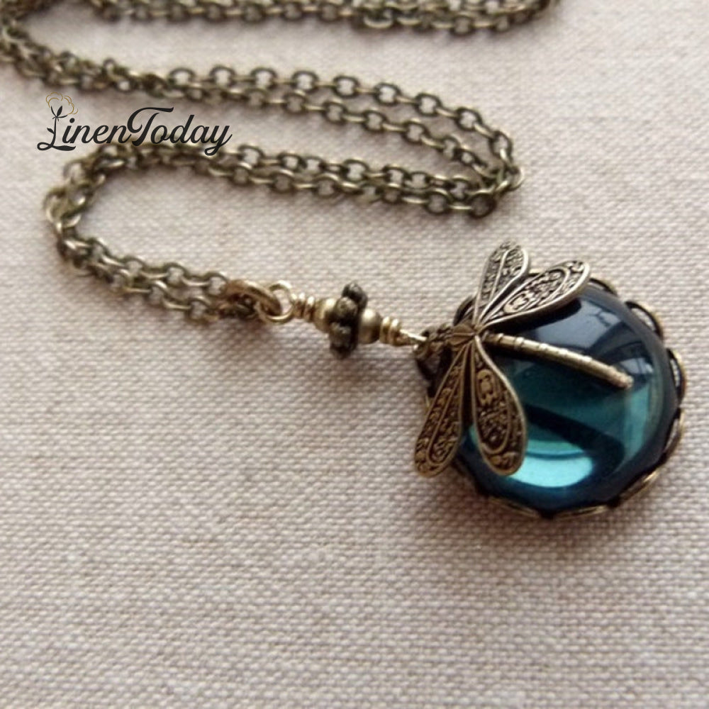 Vintage Dragonfly Green Crystal Boho Jewelry Necklace Copper / One Size
