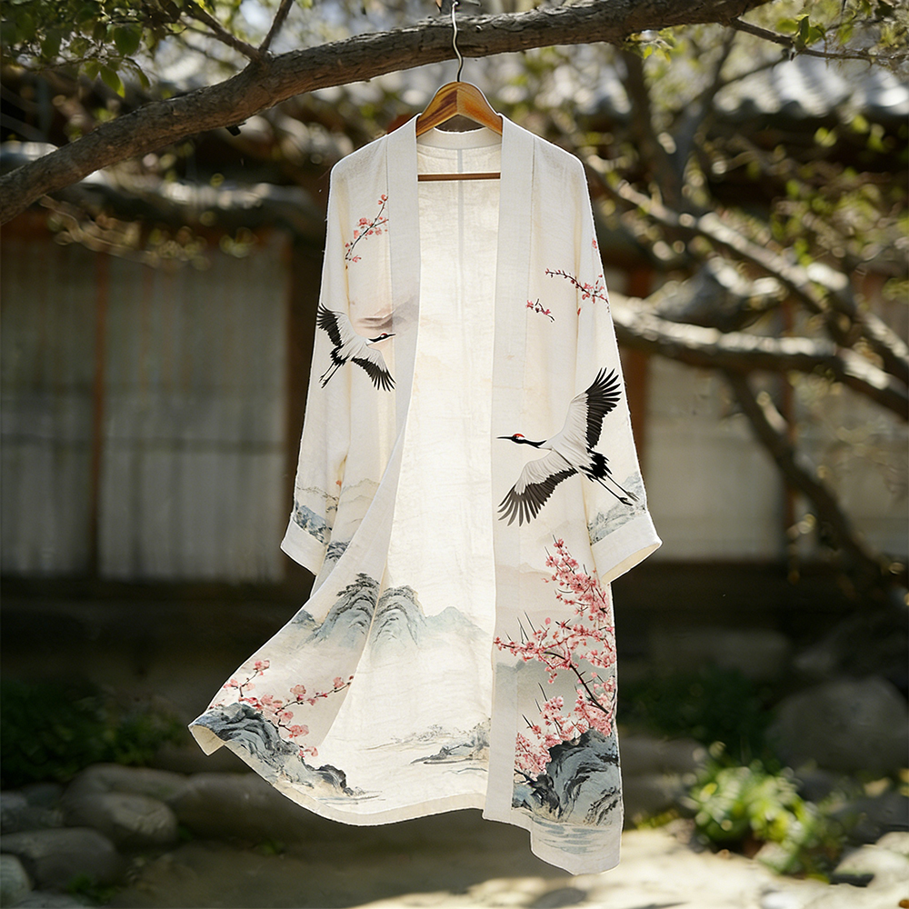 Vintage Cherry Blossom Cranes Art Flowy Long Linen Kimono elevenforest