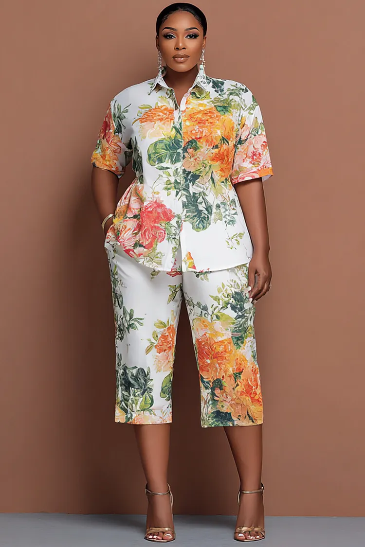 Xpluswear Design Plus Size Vacation Casual Multicolor Floral Shirt Collar Short Sleeve Pocket Two Piece Short Sets [Pre-Order] 2024 - Xpluswear
