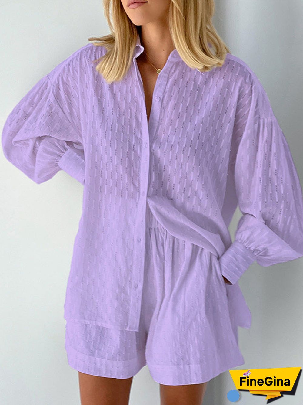 Women'S Sets Jacquard Long Sleeve Shirt & Shorts Two Piece Set