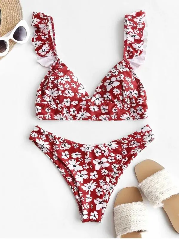 Floral-Print Ruffled Split Bikini Swimsuit