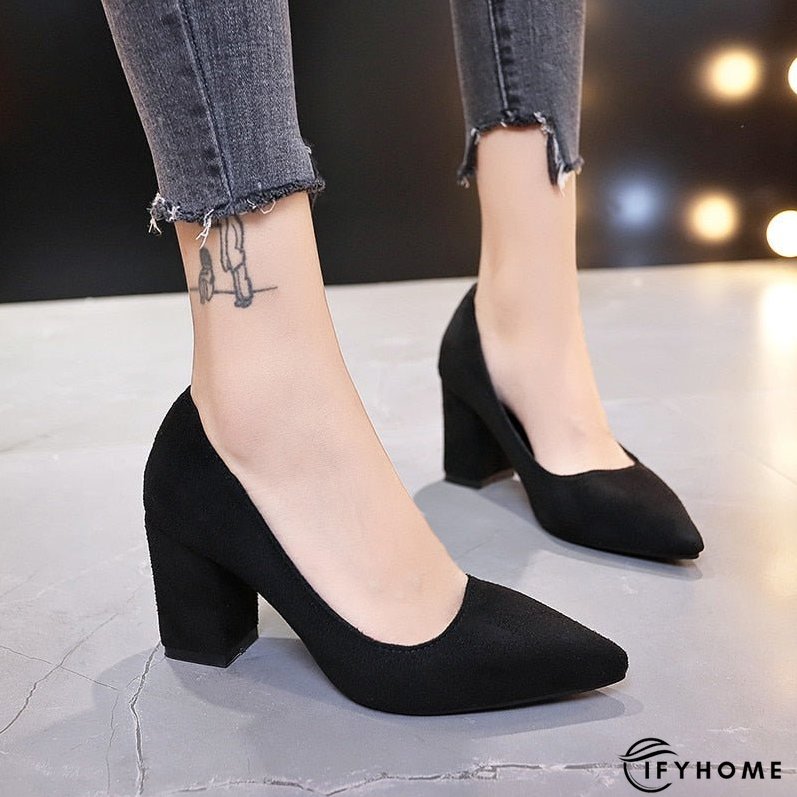 New Women Pumps Flock Sweet Thick High Heels Female Sexy Office Pointed Toe Work Pump Cute Shoes Ladies Footwear | IFYHOME