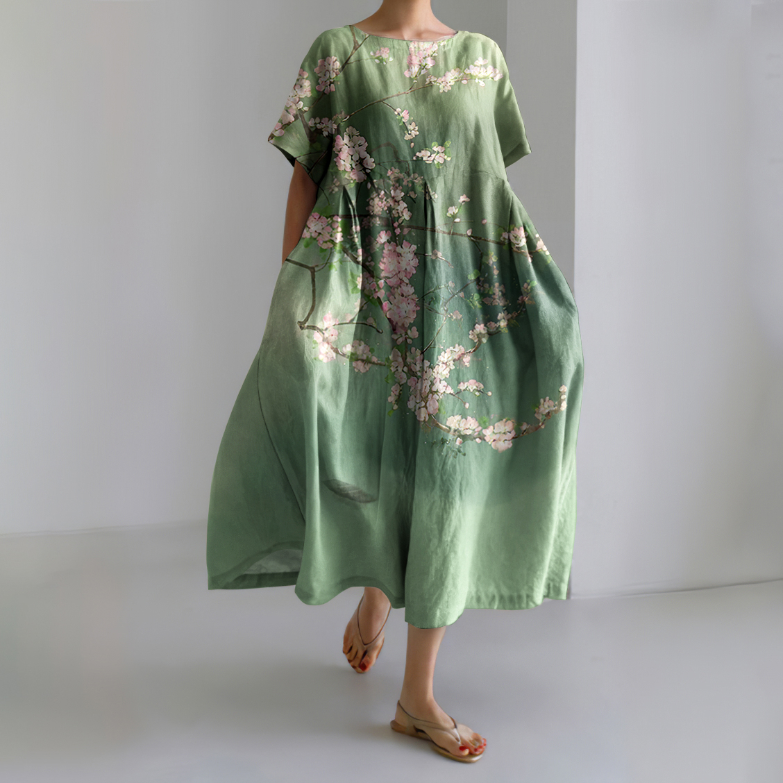 Plum Blossom Japanese Art Linen Blend Maxi Dress