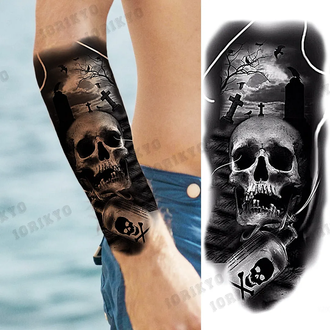 Realistic Devil Skeleton Temporary Tattoos For Men Adult Women Wolf Compass Gangster Fake Tattoo Washable Body Art Tatoo Sticker