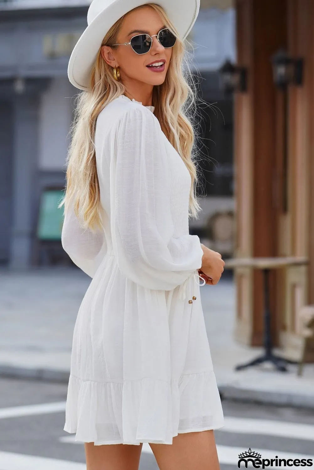 Smocked Tied Balloon Sleeve Mini Dress