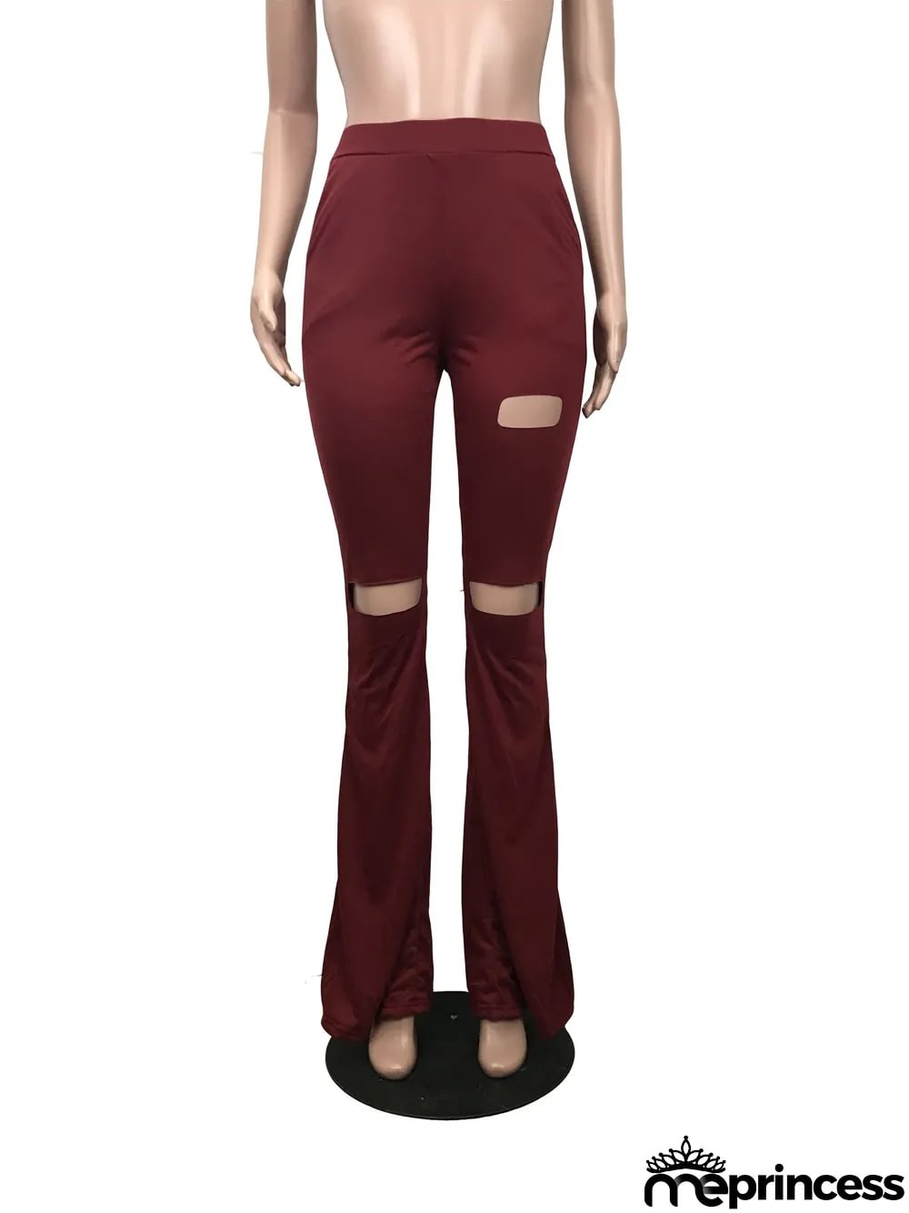 Solid Color High Waist Ripped Flare Pants