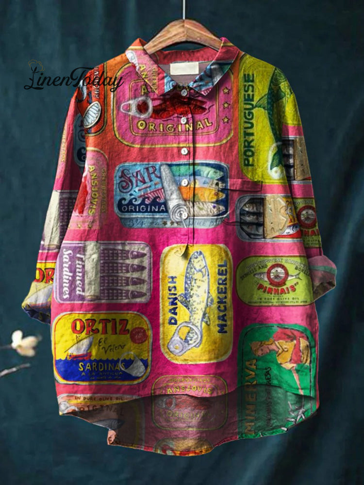 Women&rsquo;s Fish Art Print Casual Cotton And Linen Shirt Multicolor / S