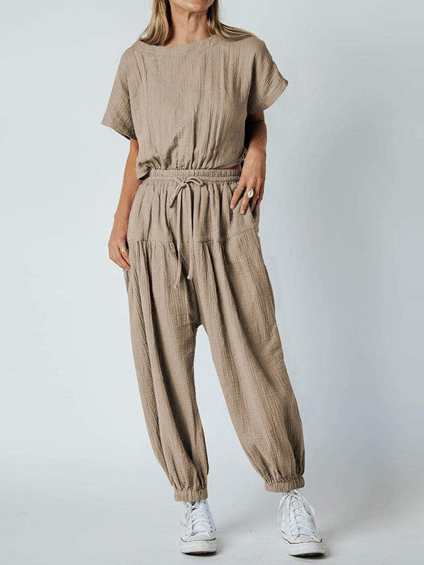 Pleated Loose Button Slit Jumpsuit