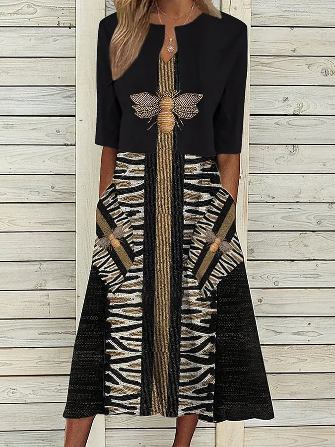 Women's Casual Printed Tank Top Dress With Mid-Sleeve Cardigan Two-Piece Set