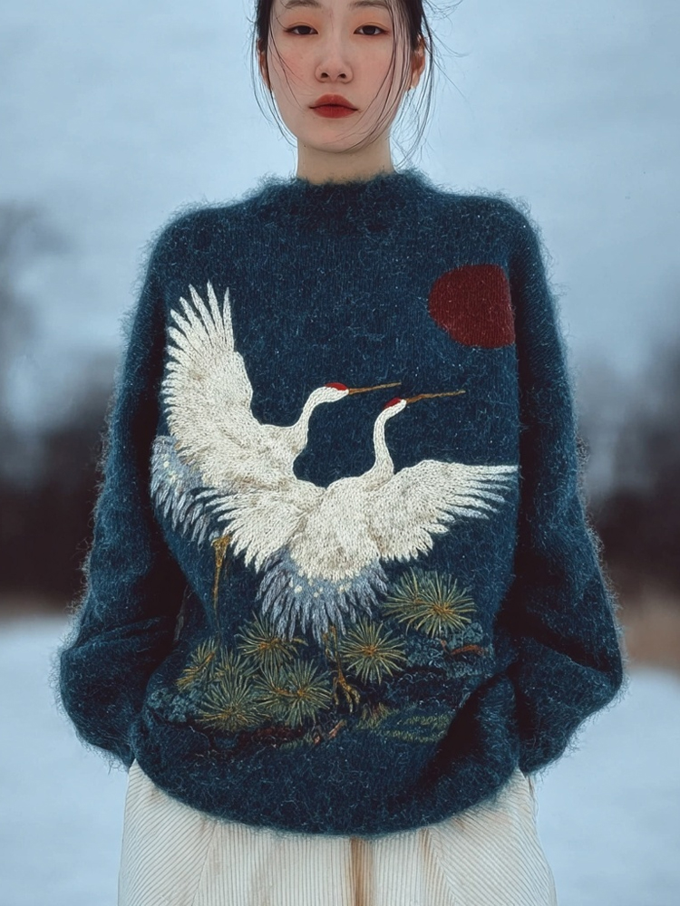 Vintage Flying Cranes Japanese Art Cozy Knit Sweater