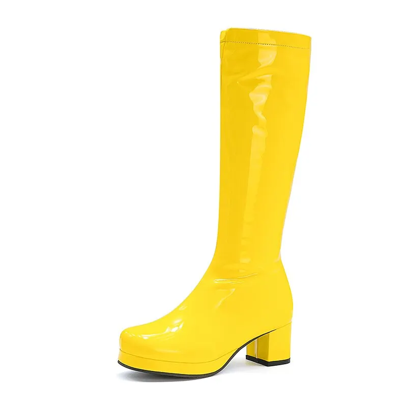 Gdgydh Women Patent Leather Boots 2021 Autumn Winter High Heel Platform Mid Calf Boots For Women Colorful Fashion Light PU Boots
