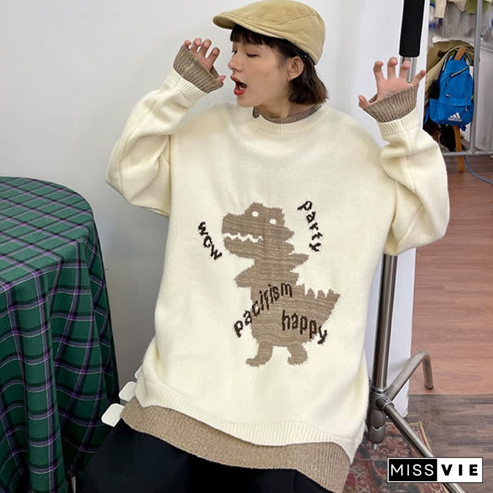 Cartoon Dinosaur Letter Print Colorblock Knit Sweater
