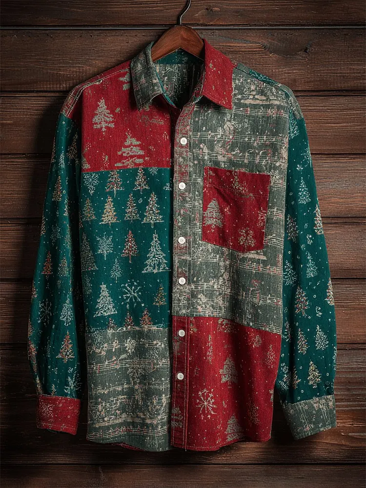 Men's Retro Casual Christmas Tree Musical Notes Long Sleeve Shirt 