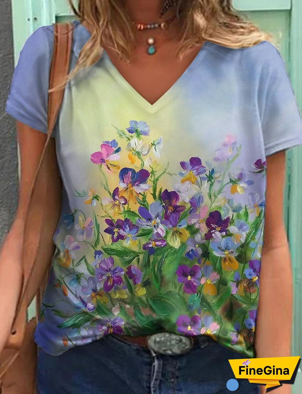 Loose V Neck Printed Shirt