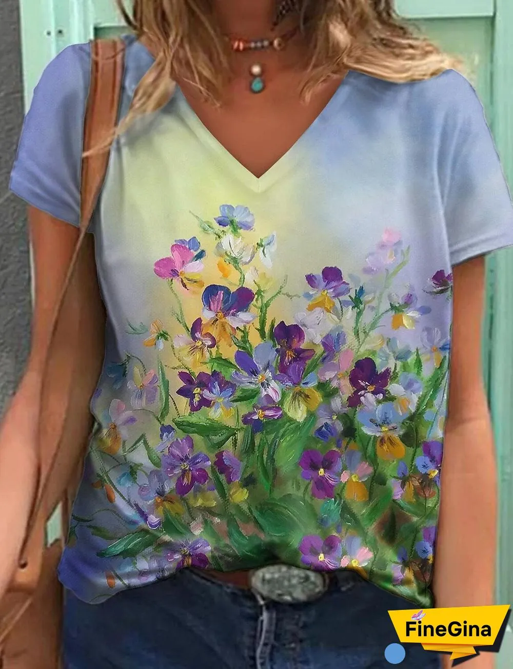 Loose V Neck Printed Shirt