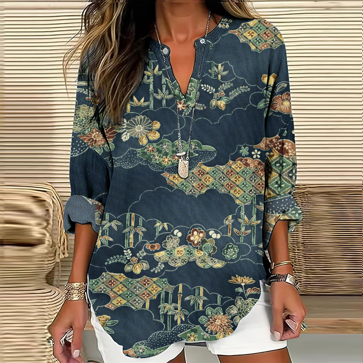 Vintage Japanese Art Print V-Neck Casual Shirt artswardrobe