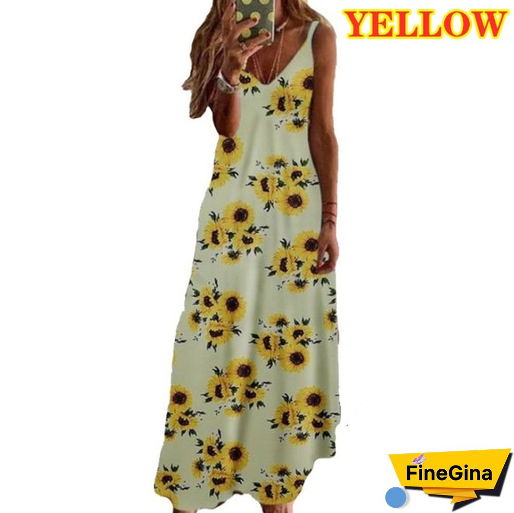 S-8XL Plus Size Vrouwen Maxi Jurk Zomer Casual Sexy Boho Gedrukt Lange Jurk Mouwloze V-hals Kleding Jurk Losse Vestido