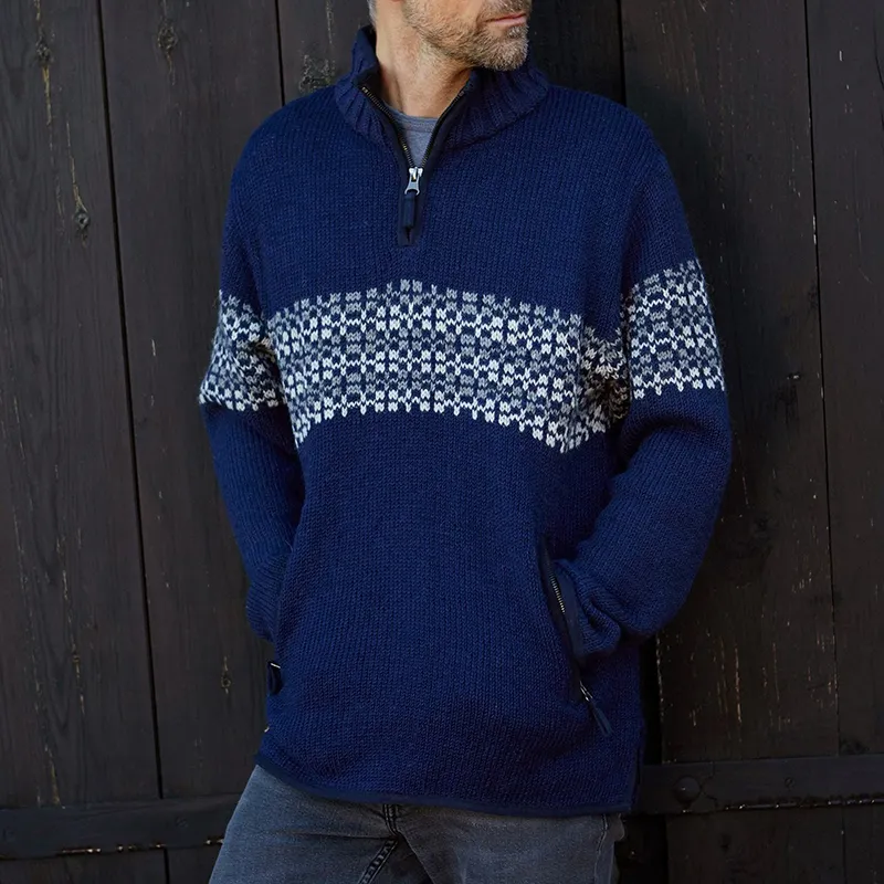 Vintage Warmth Norwool Icelandic Knit Jacquard Half Zip Collar Sweater（Unisex ）