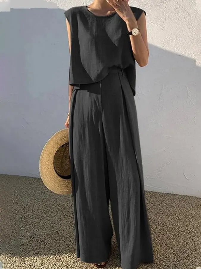 Spring And Summer New Cotton And Linen Fashion Casual Loose Two -Piece Sleeveless Top Loose Wide -Leg Pants Women's Models